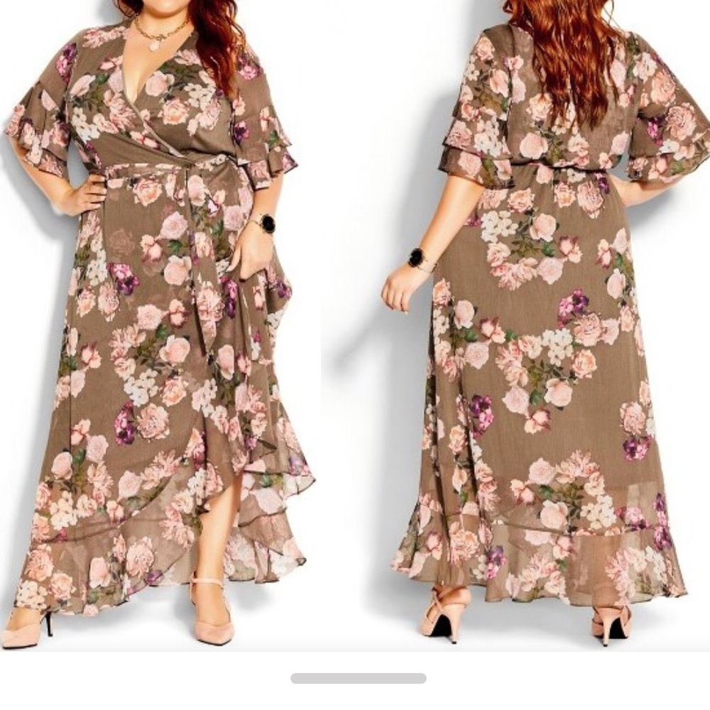 City chic Women’s plus size maxi dress Kindred Floral taupe size M/18 New